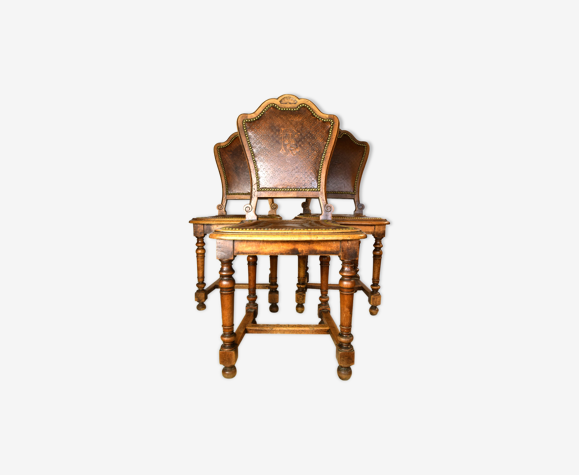 Série de trois chaises de château chêne et cuir XIXème | Selency
