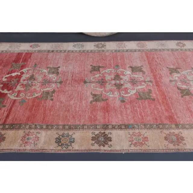 Vintage Turkish Oushak handmade pink cotton wool runner rug 163x370