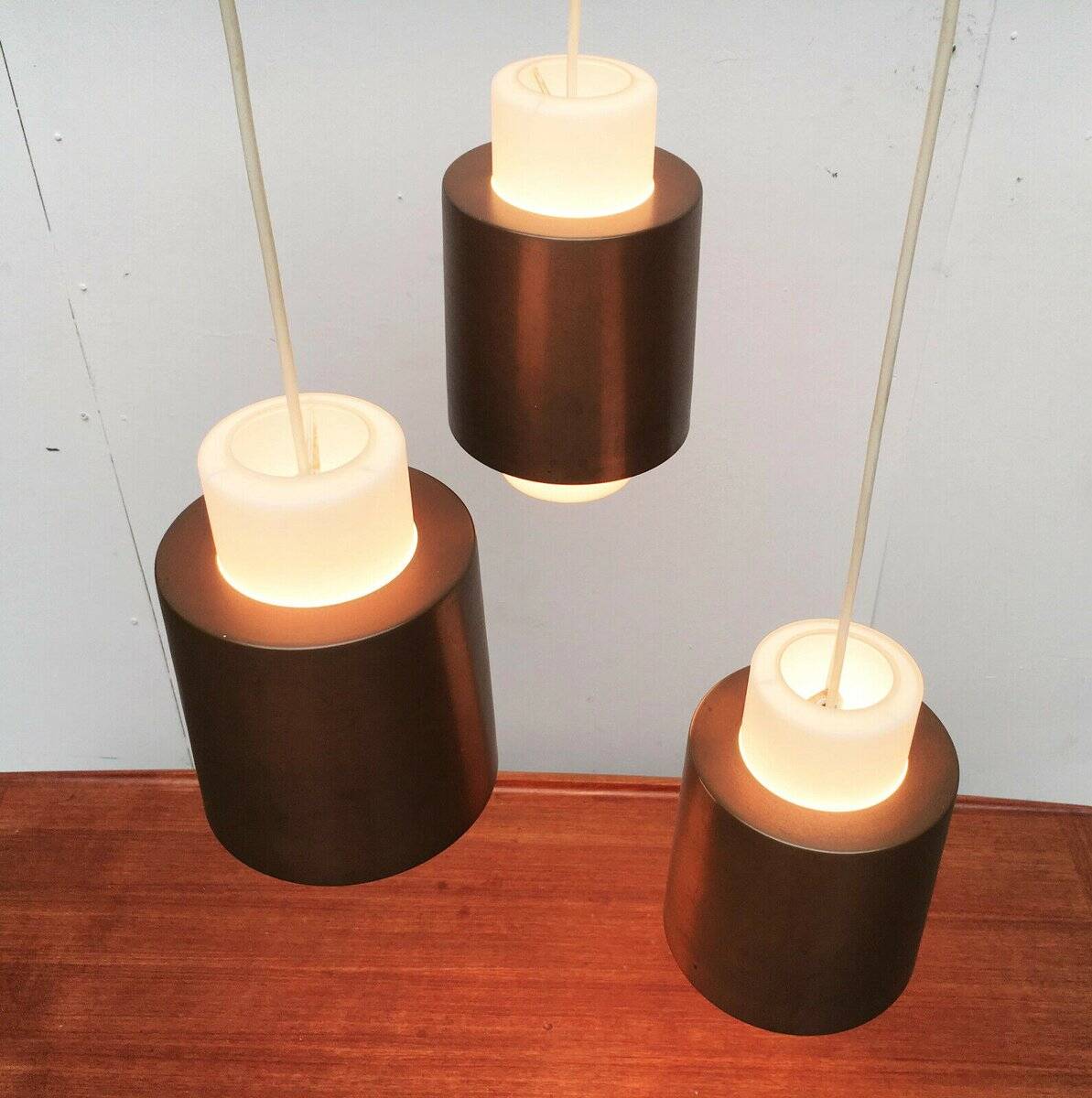 Triple cascade pendant lamp in copper and glass from the modern German space age of the mid-century by Staff, 1960s.