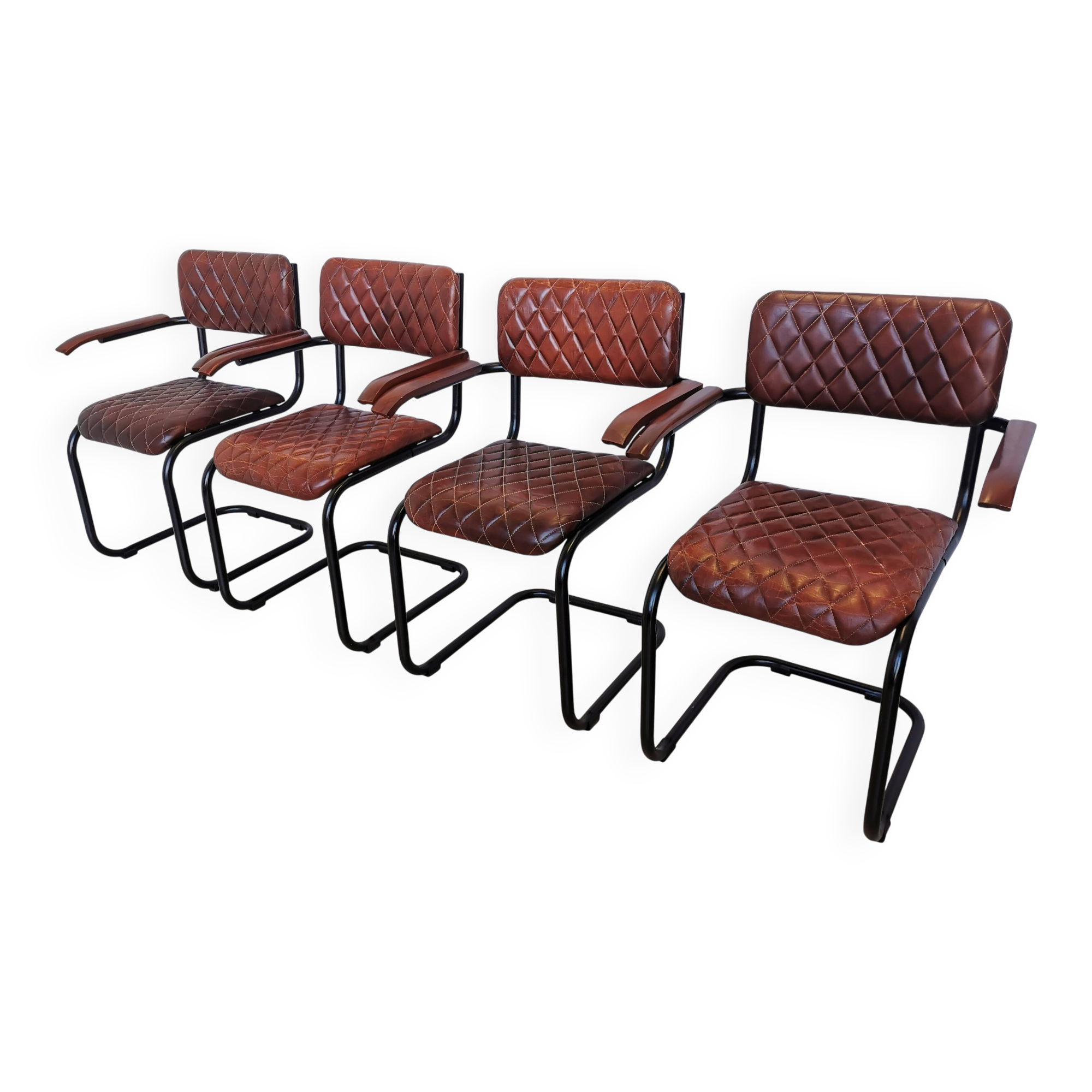 Set of 4 Vintage Quilted Leather Dining Chairs: Black Metal Base