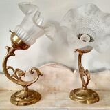 Pair of brass wall sconces and glass tulip, art nouveau style