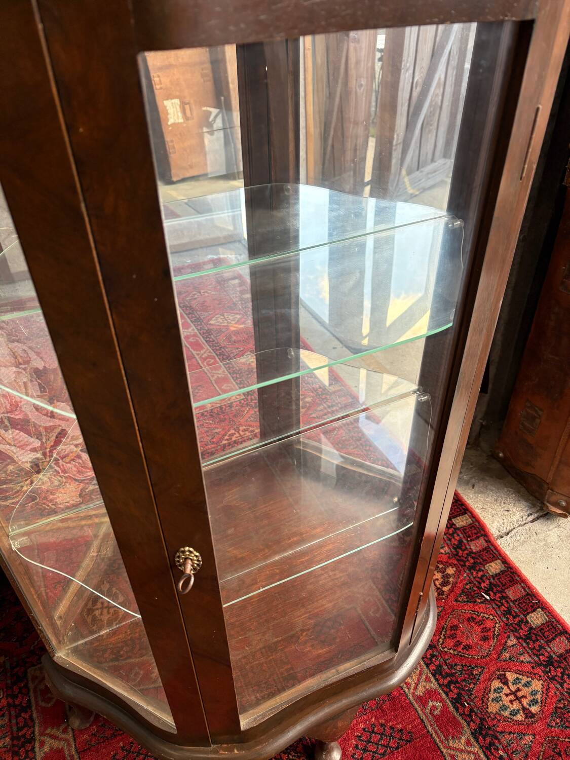 Antique English wooden display cabinet - Curved legs & 3 shelves