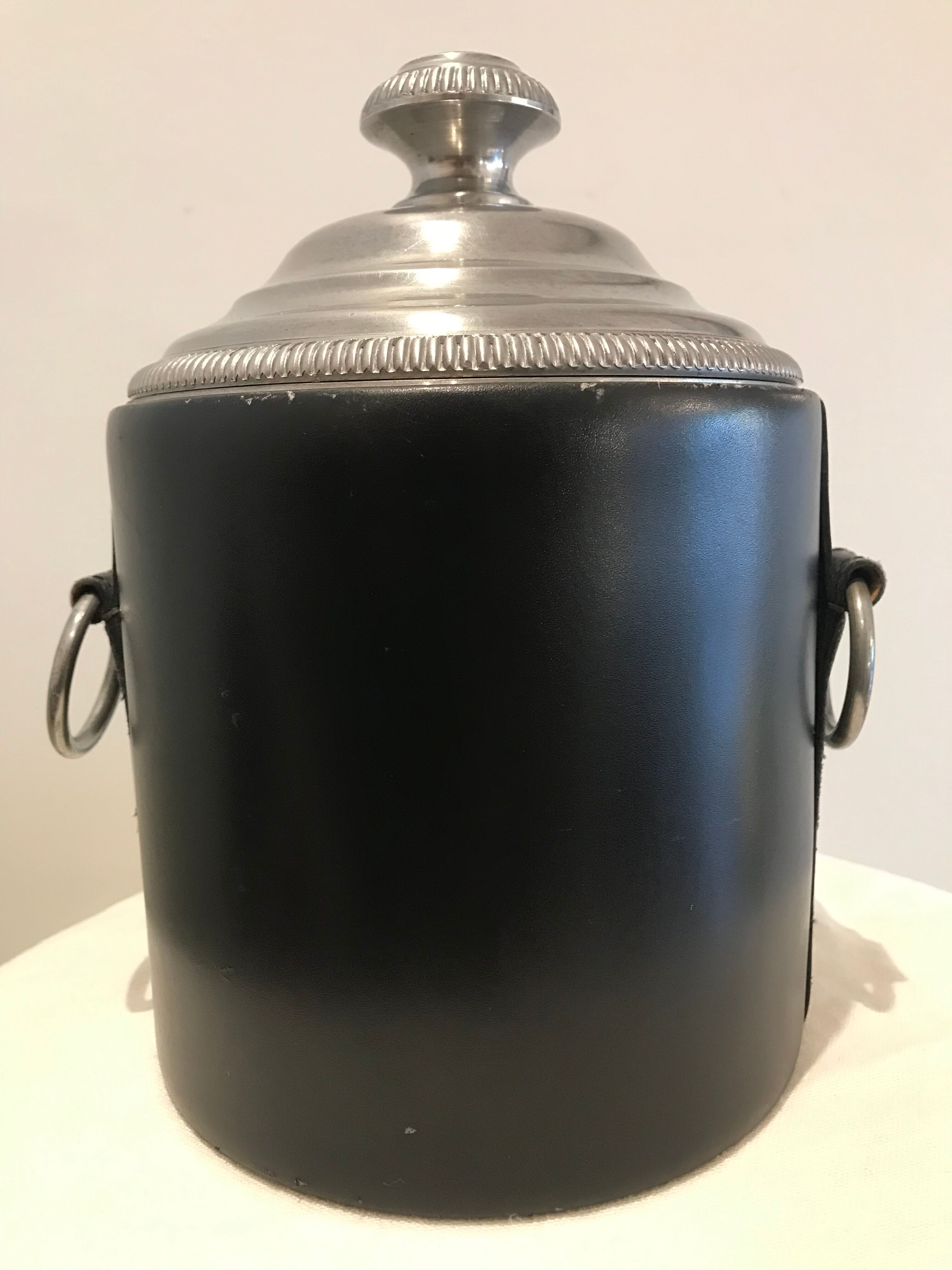 Round black leather ice bucket