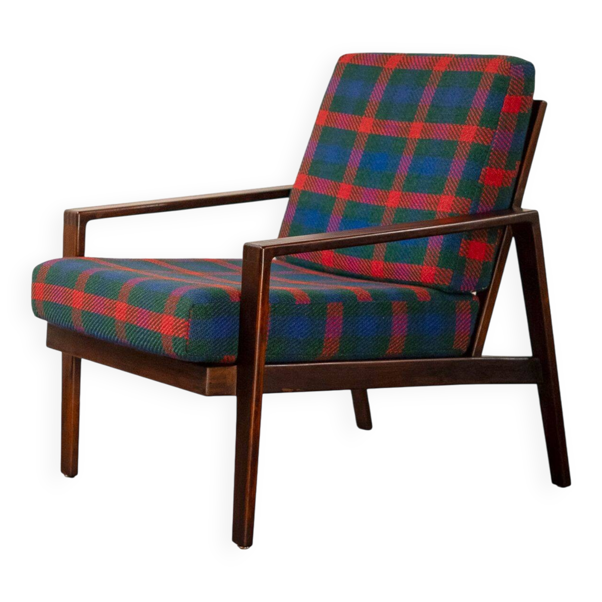 Fauteuil Knoll Antimott en noyer et tartan