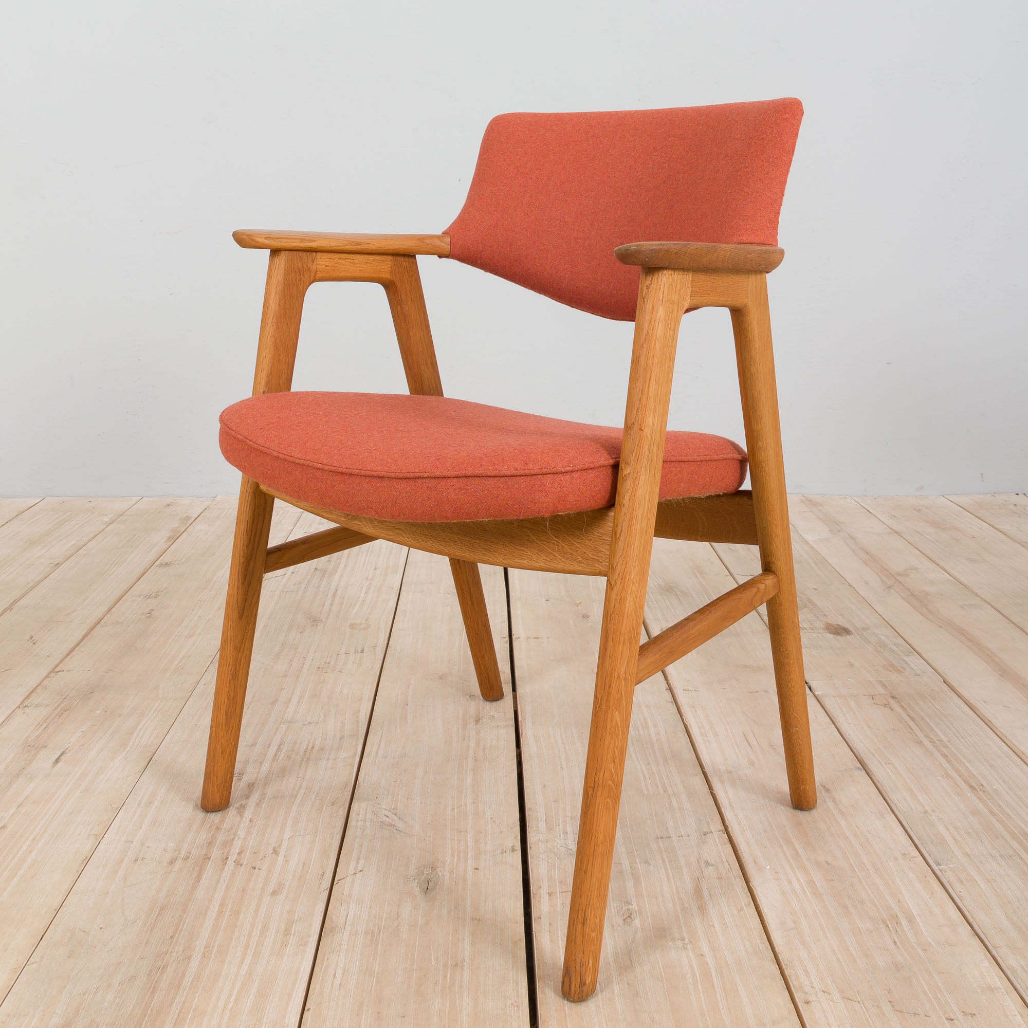 Erik Kirkegaard Oak desk chair in new pale red  wool upholstery.