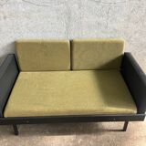 Day Bed sofa in skai, mottled green fabric and black metal 1950
