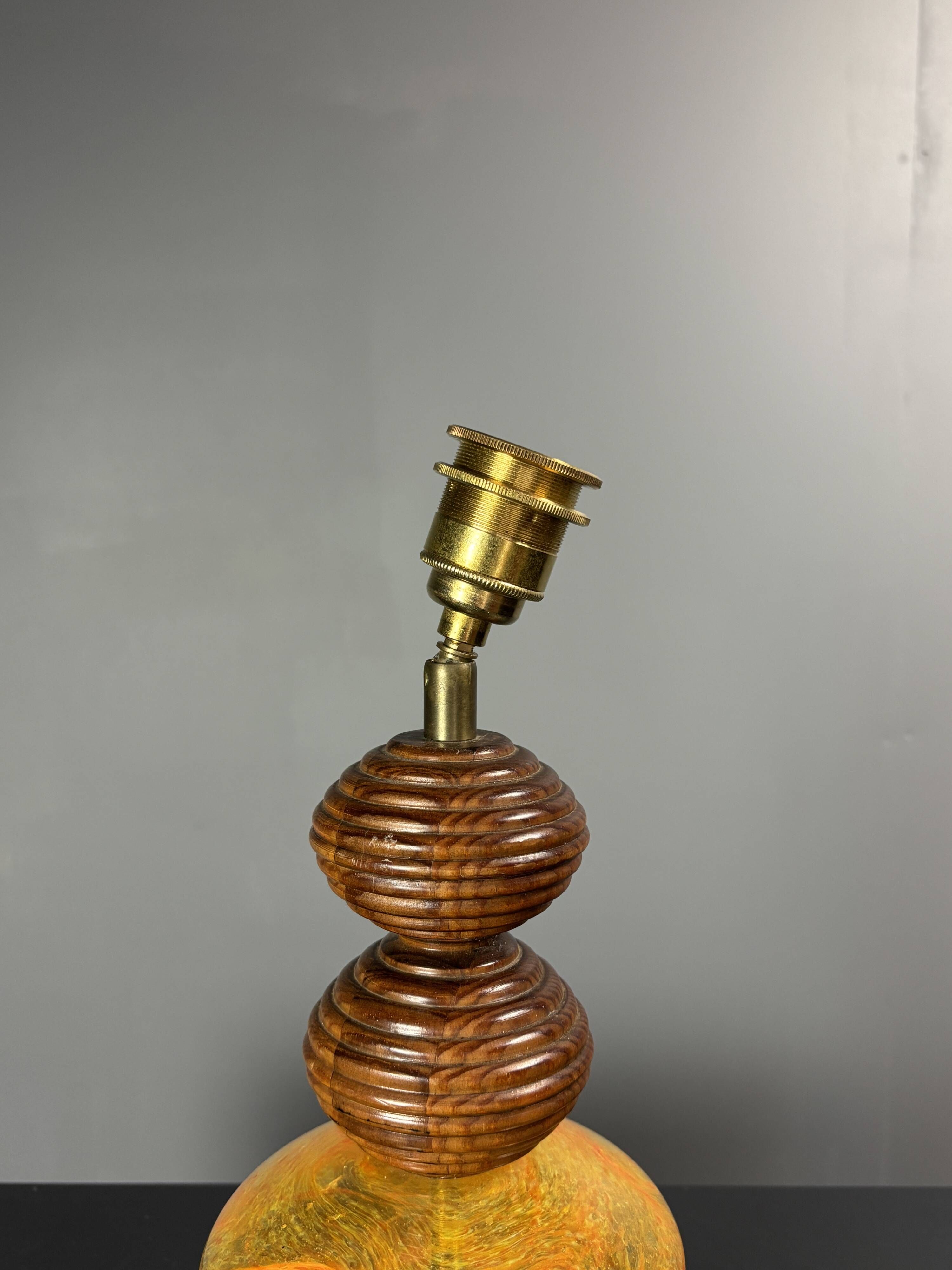 Midcentury wood turned adjustable table lamp with glass sphere, 1970s