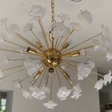 Lustre fleurs blanches murano verre spoutnik ovale en or