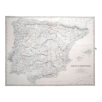 Carte de l’Espagne et du Portugal vers 1869 Keith Johnston Royal Atlas Carte colorée à la main