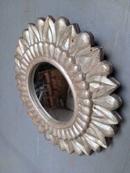 Carved wood sun mirror 40cm silver ep 1960