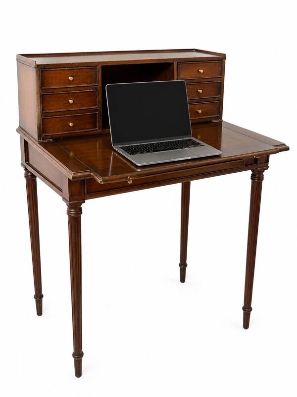 Bureau ancien à gradin en acajou, tablette coulissante, idéal petit espace