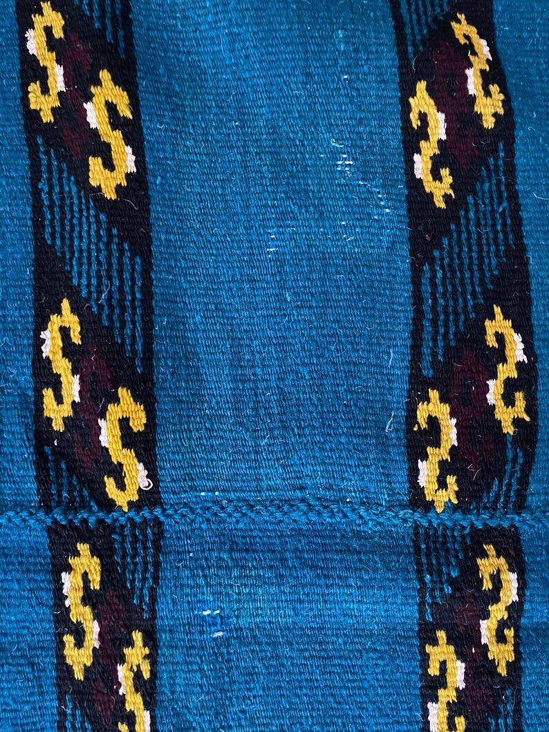 Romanian handwoven carpet with blue ground and yellow details