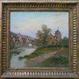Painting "Landscape with the stork" by Th. Linsyer XIXth