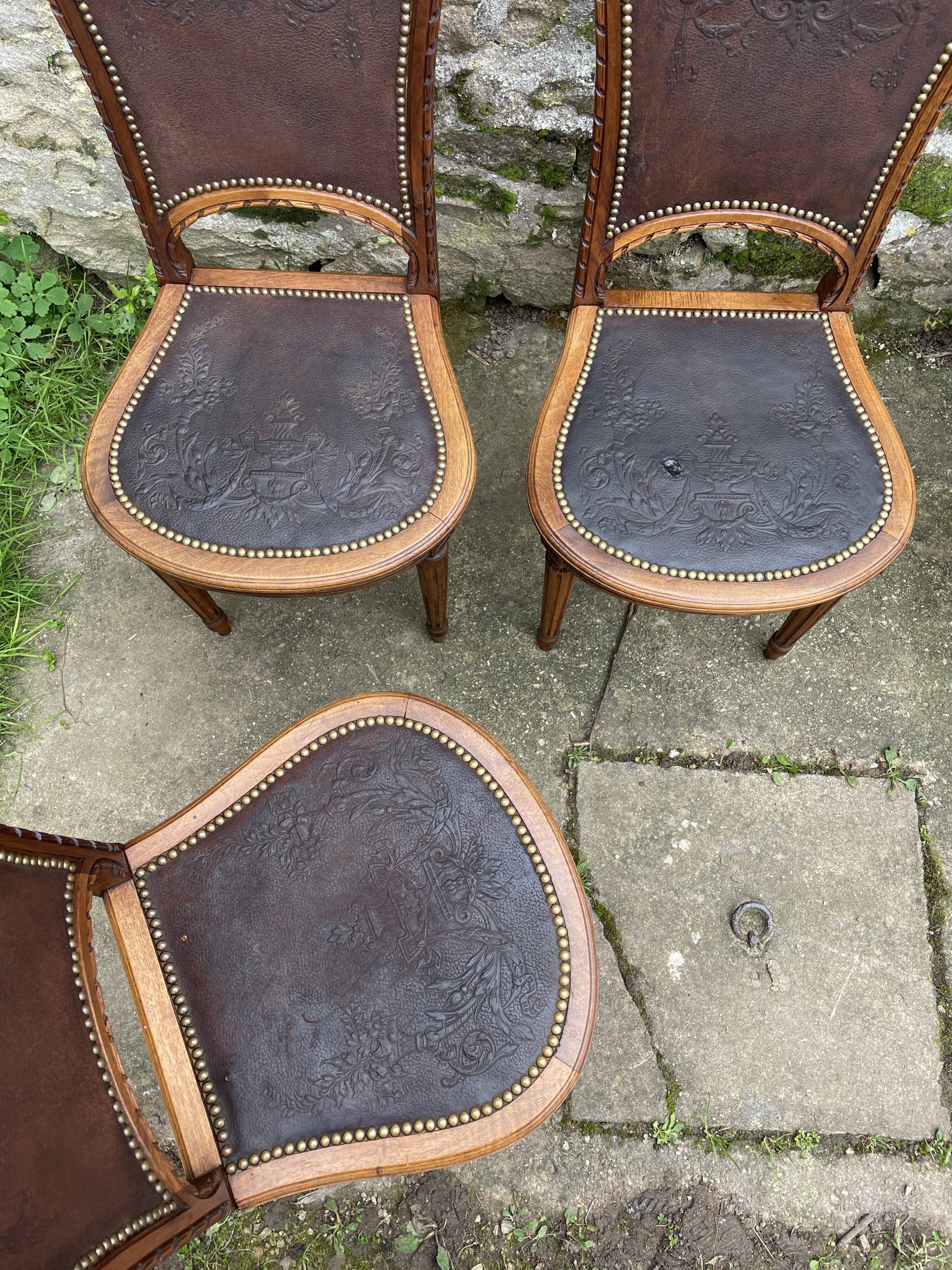 6 Louis XVI style chairs in solid beech and Cordovan leather, 1900