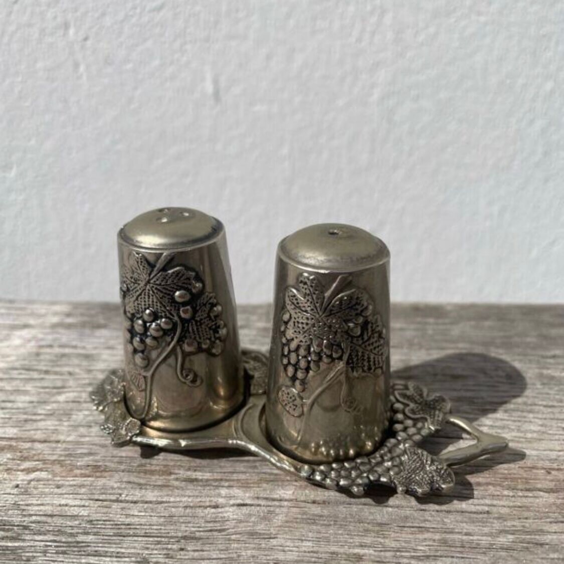 Silver-plated metal vine-shaped salt and pepper shakers