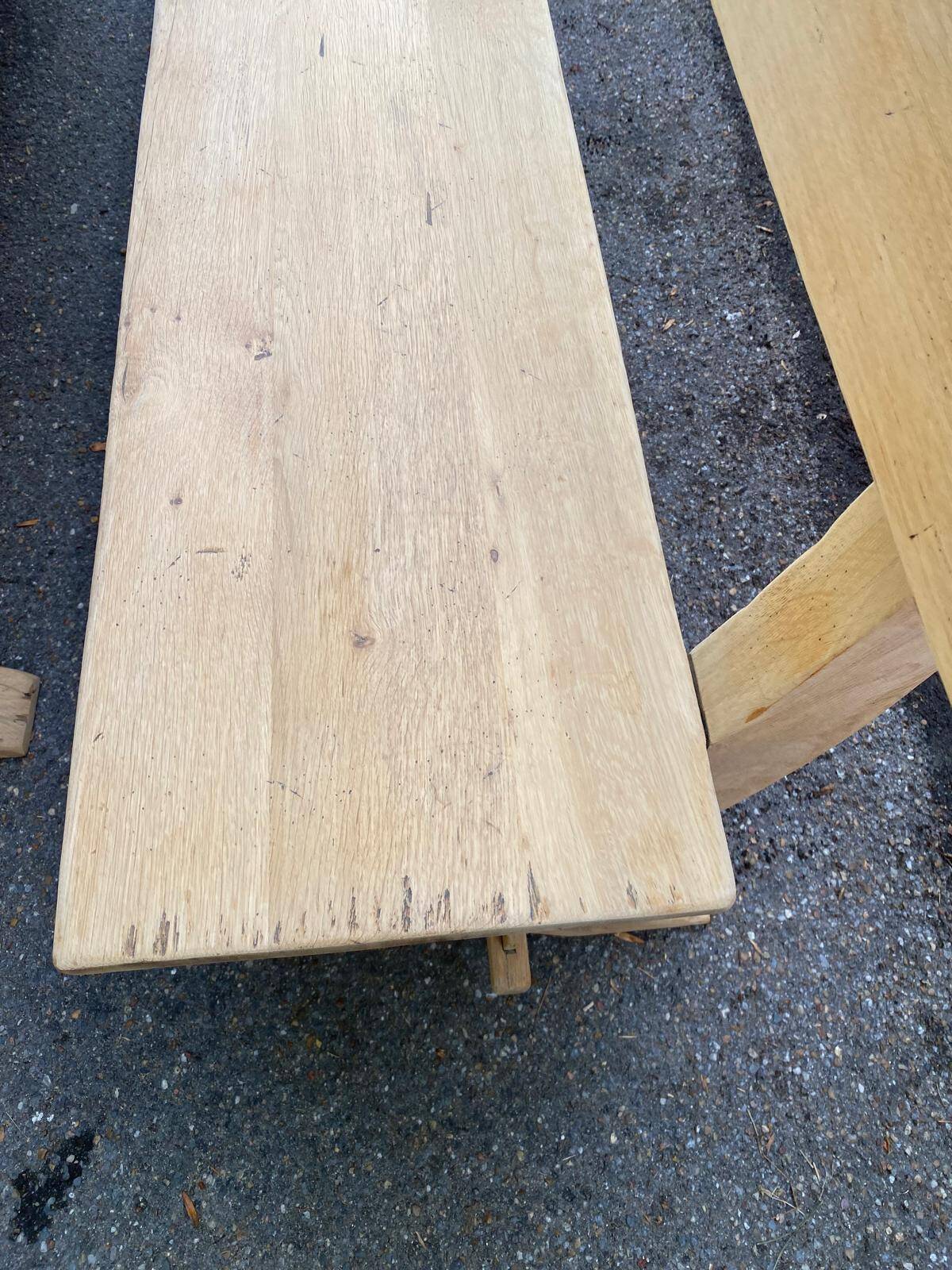 Monastery bench with a 220 cm backrest, renovated in raw solid oak with X legs.