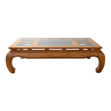 Table basse en merisier massif avec plateaux vitrés