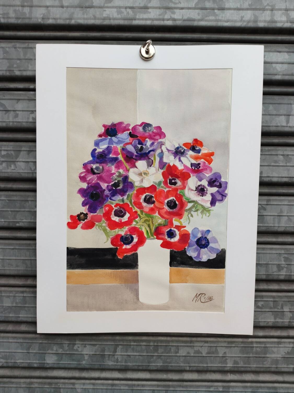 Watercolor by Michel Roubille, bouquet of flowers 1988.