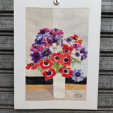 Watercolor by Michel Roubille, bouquet of flowers 1988.