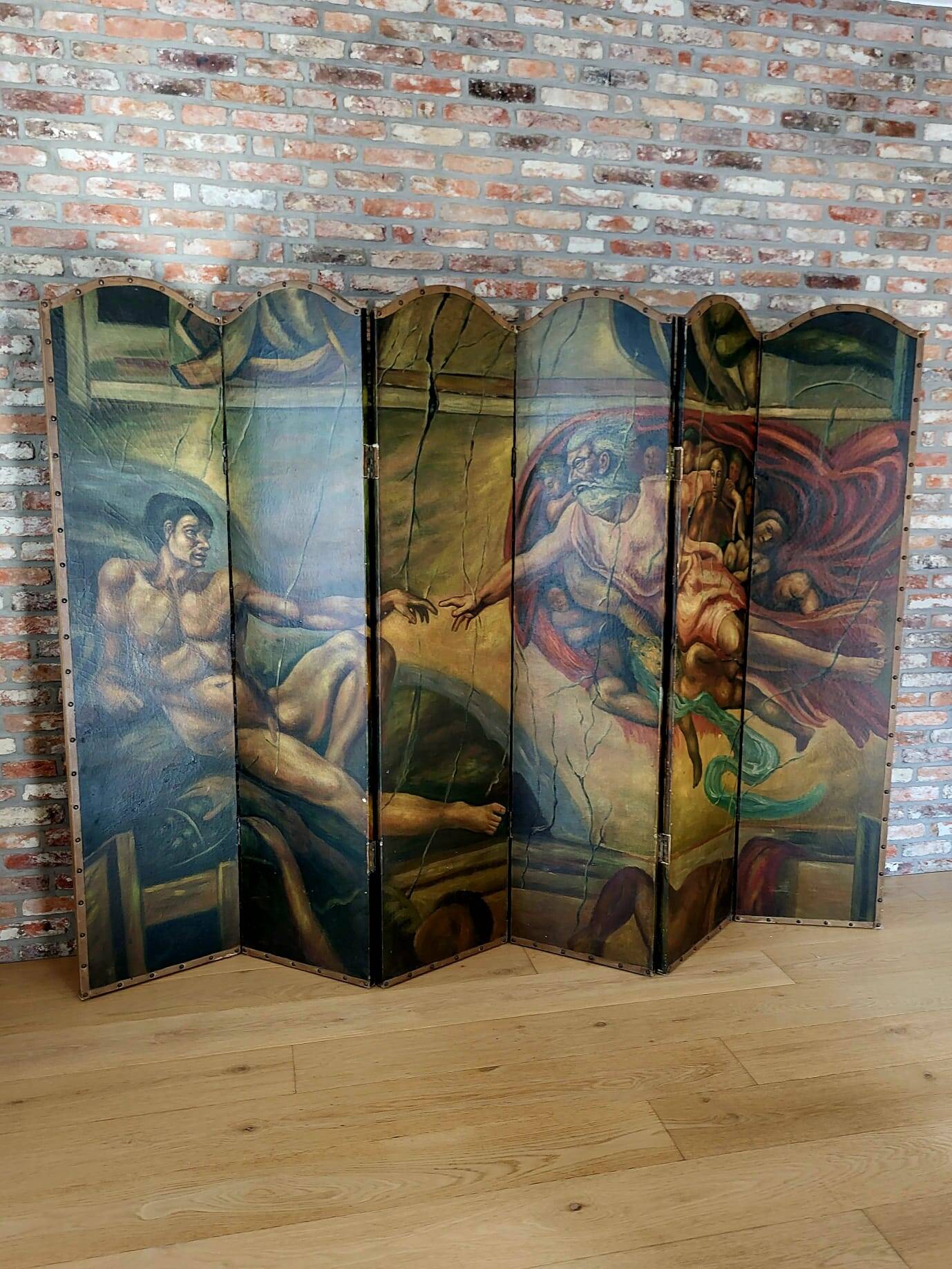 Rare paravent Art déco peint à la main dans le style de Michel-Ange