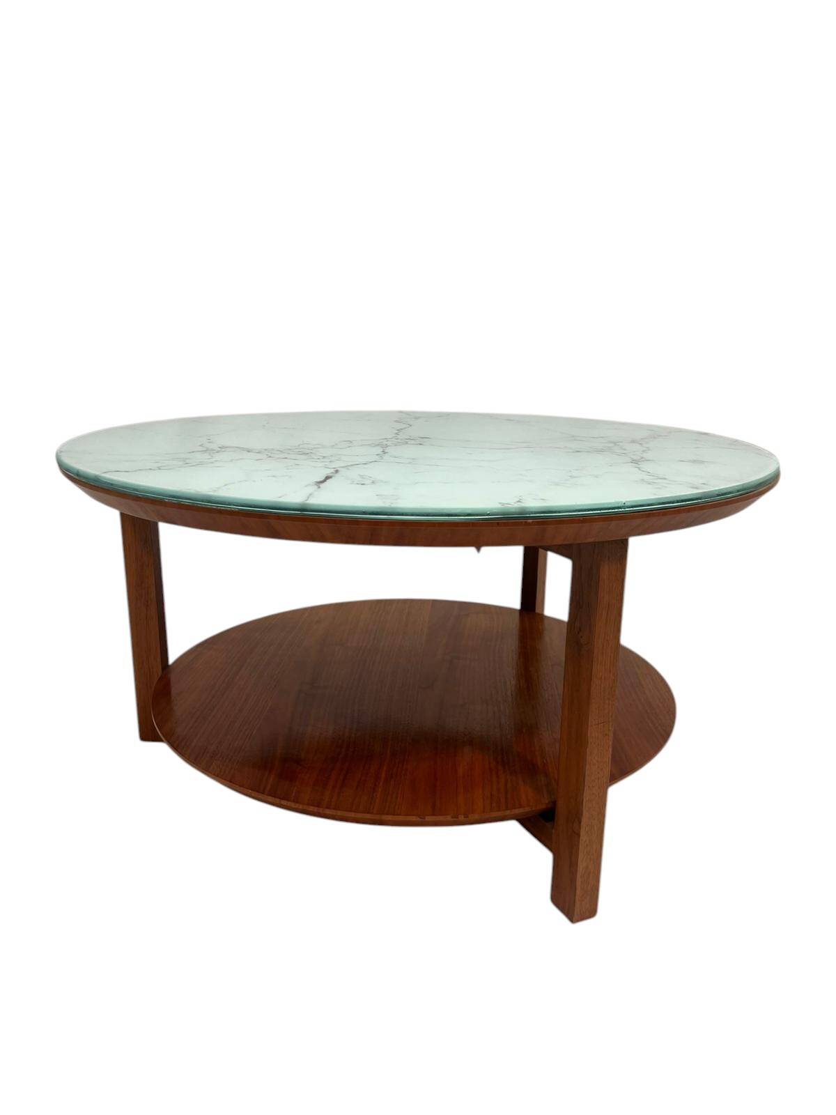 Vintage Scandinavian round coffee table in teak with removable glass top featuring a marble effect, 1960s.