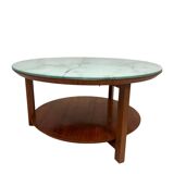 Vintage Scandinavian round coffee table in teak with removable glass top featuring a marble effect, 1960s.