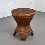 Round Woven Rattan and Beveled Glass Dining Table, 1970s