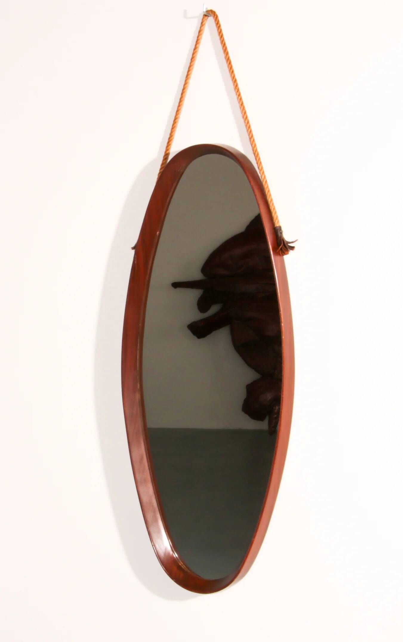 Mid-century Italian oval mirror in curved teak, rope and leather, 1960s