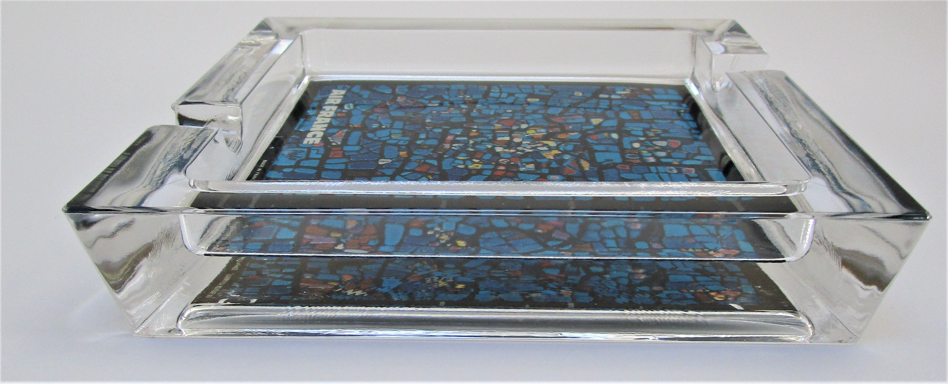 Ashtray thick glass blue decoration Air France 70s