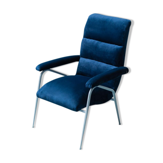 Fauteuil velours bleu métal bleu clair 60s vintage