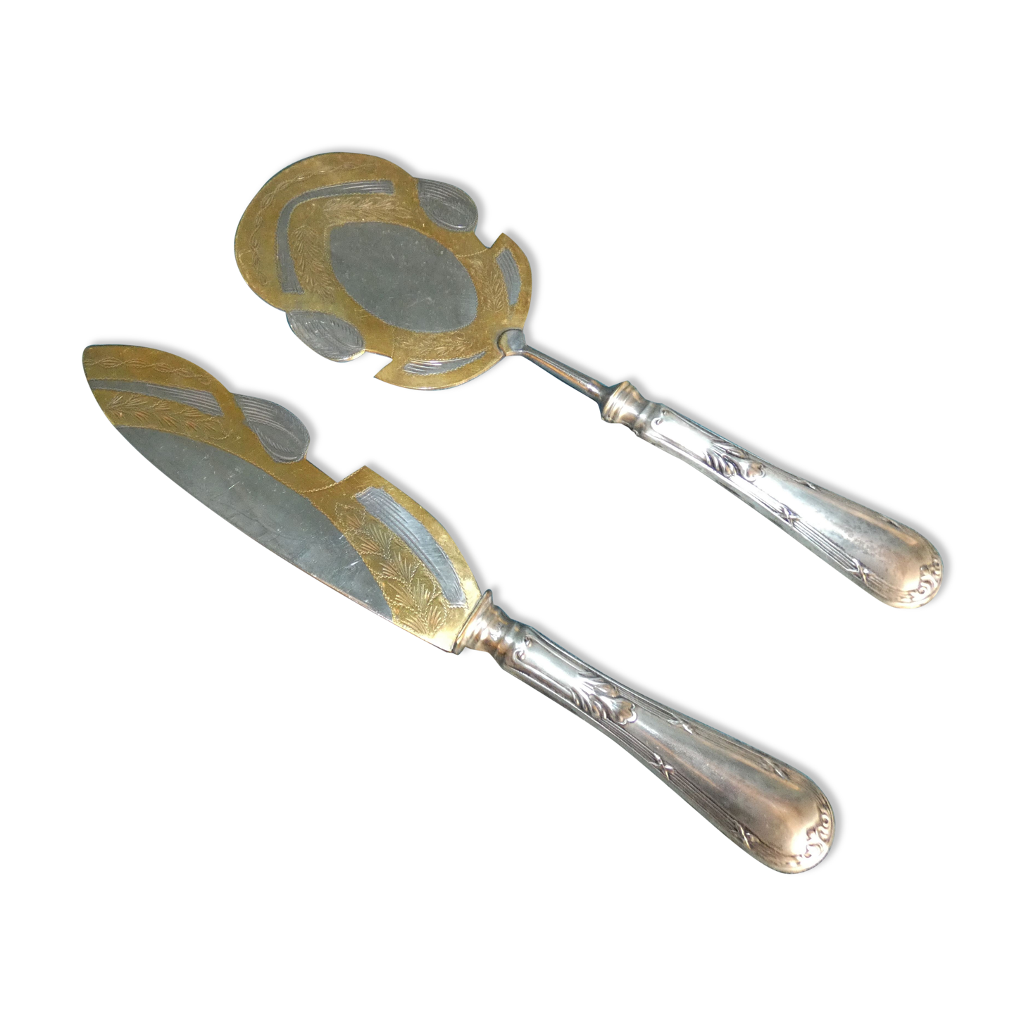 Duo de pelle and knife cake silver and gold metal circa 1950