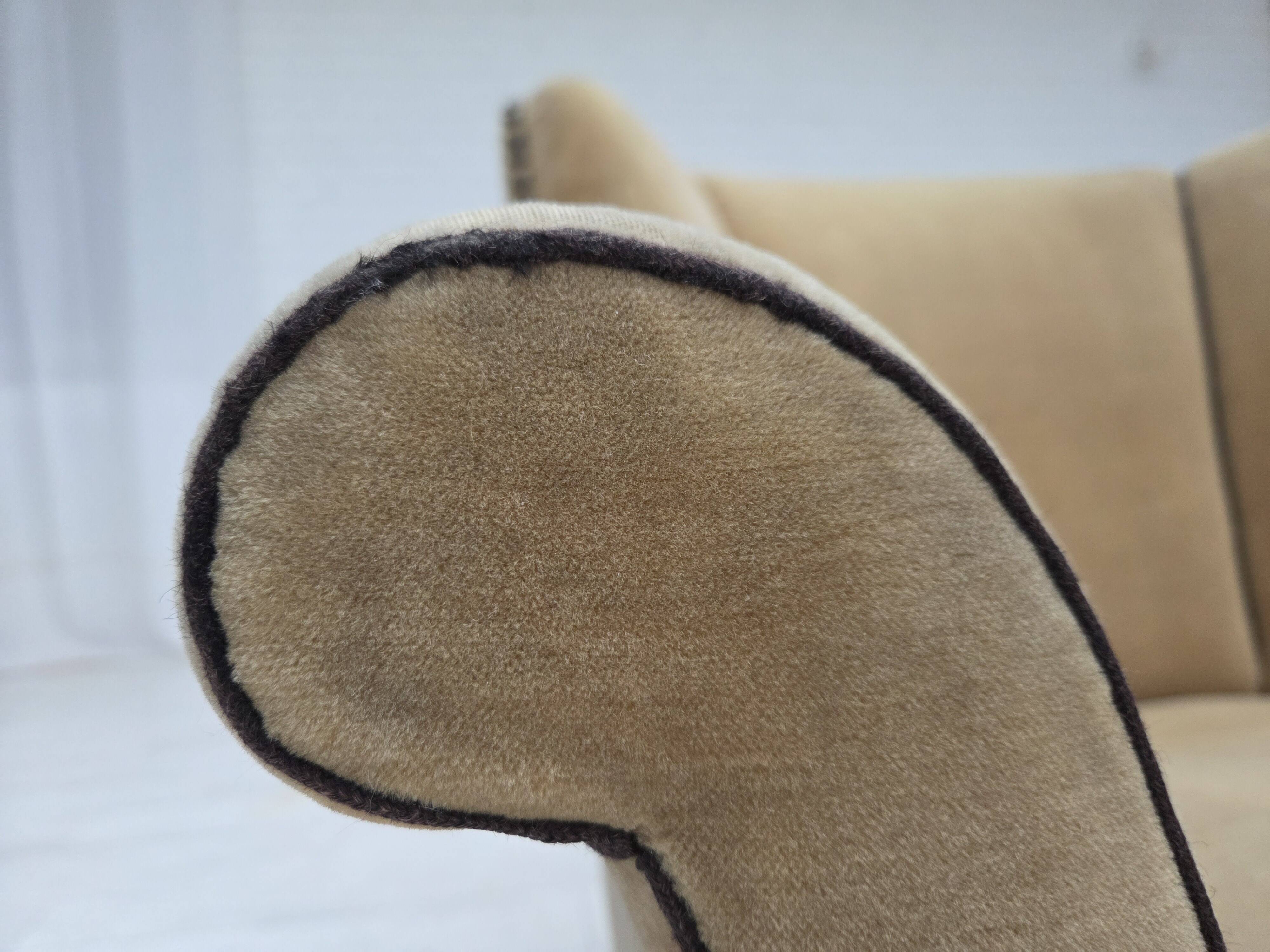 1950s, Danish relax chair, furniture velour with patina, oak wood legs.