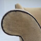 1950s, Danish relax chair, furniture velour with patina, oak wood legs.