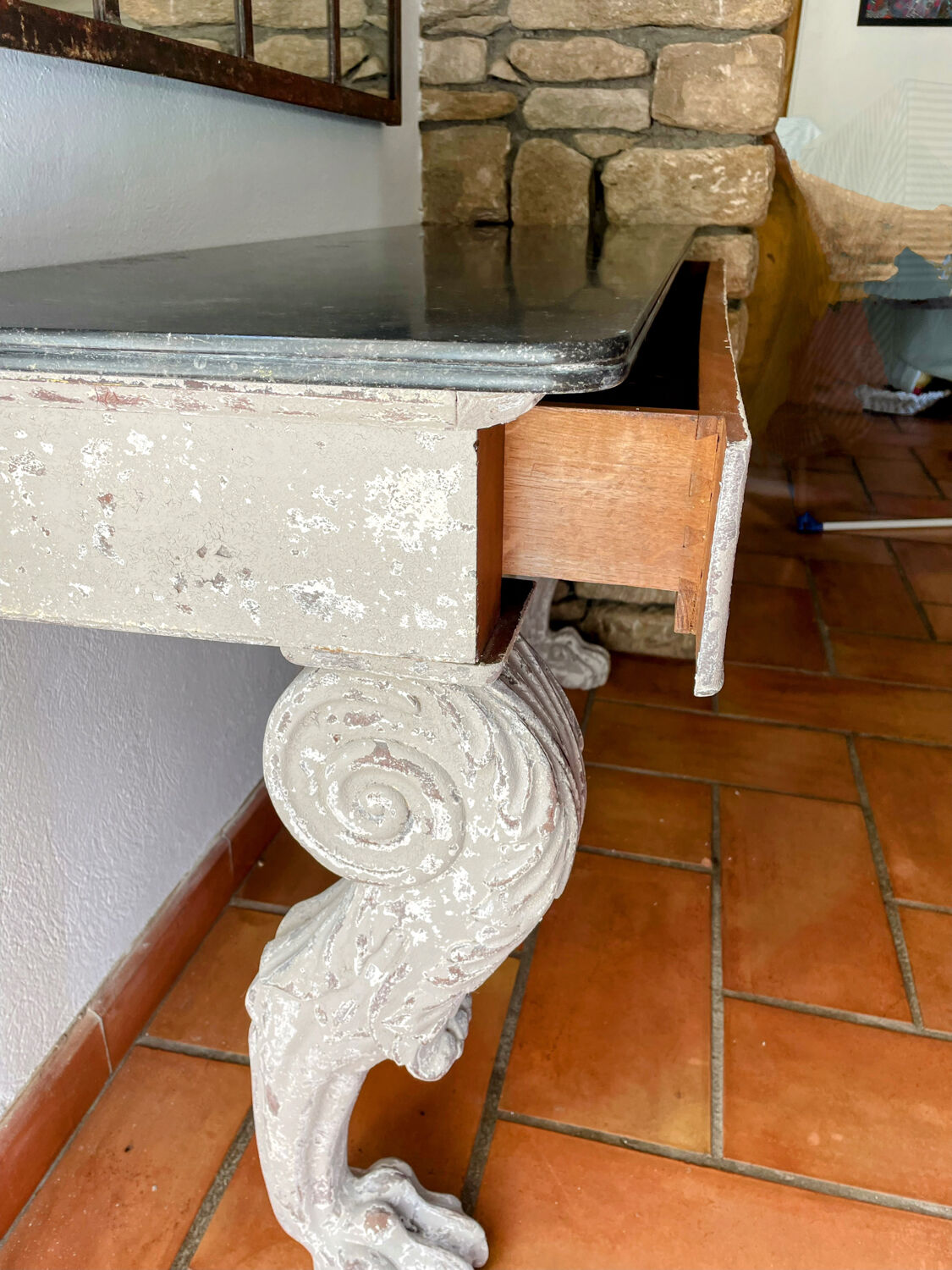 Empire style console table in wood and marble