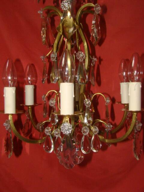 lustre à pampilles type cage à 6 bras de lumière époque début 20 ème