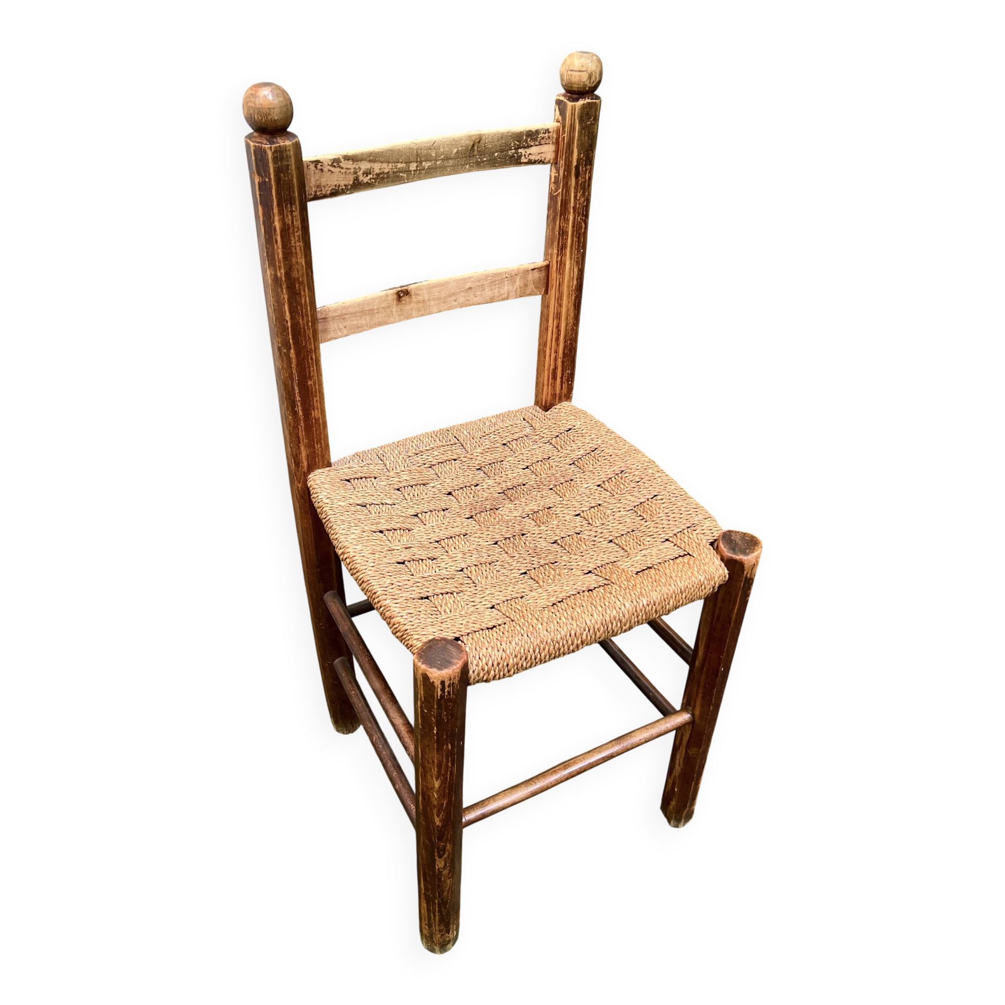 Chaise Italienne Vintage Bois Brut Corde Tressée Artisanale