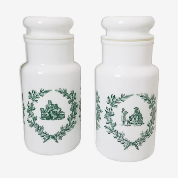 Apothecary pots in white opaline green toile de jouy pattern