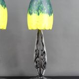 Pair of Wrought Iron & Blown Glass Lamps, France, Art Deco, c. 1930