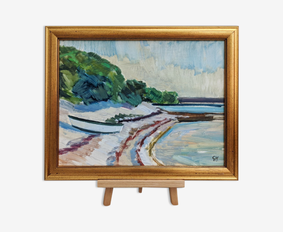 Peinture à l’huile vintage suédoise du milieu du siècle - 'Coastline'
