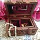 Ancient wooden jewelry box with mirror, engravings and brass décor,Asia India