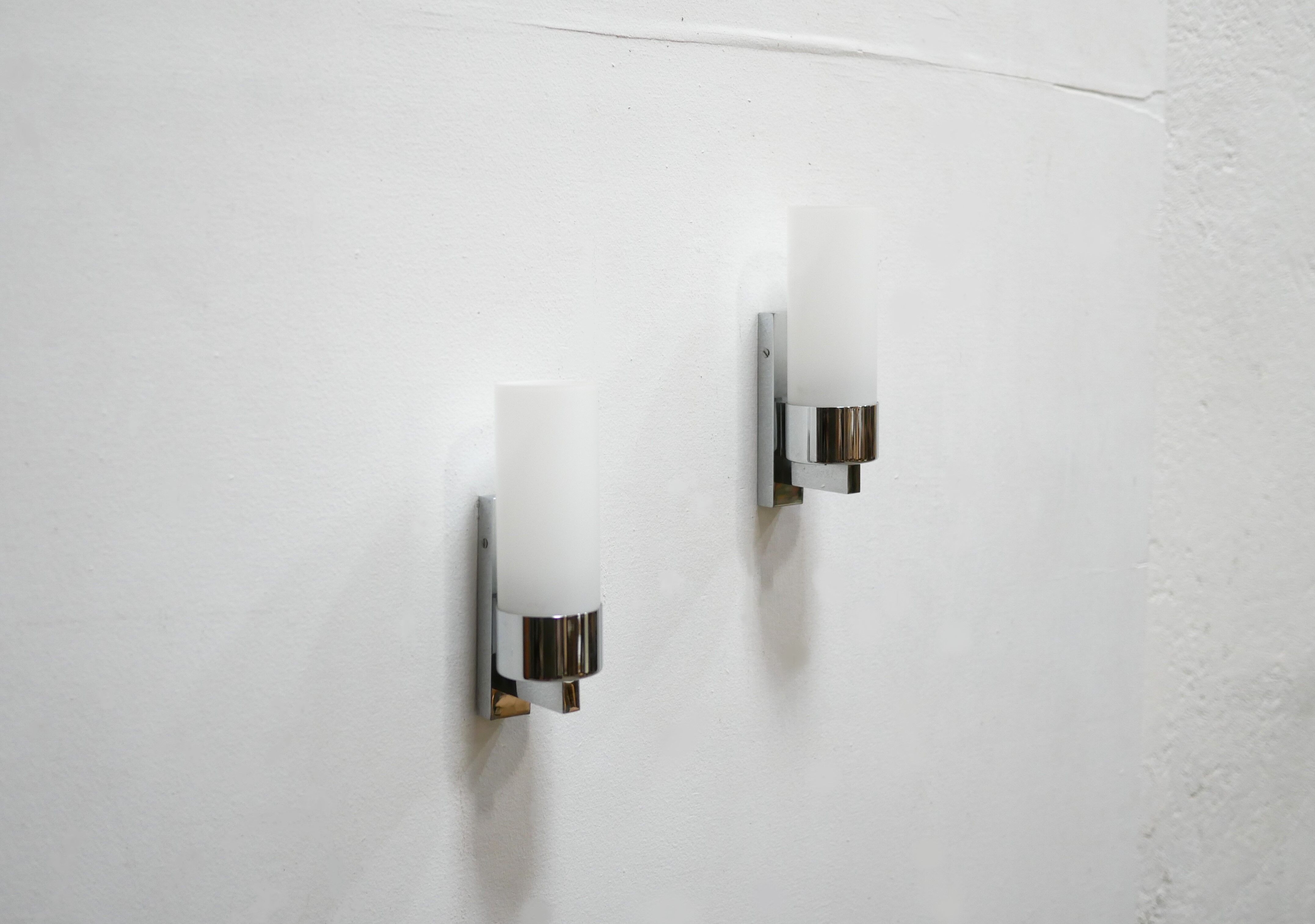 Pair of vintage metal and opaline wall lamps