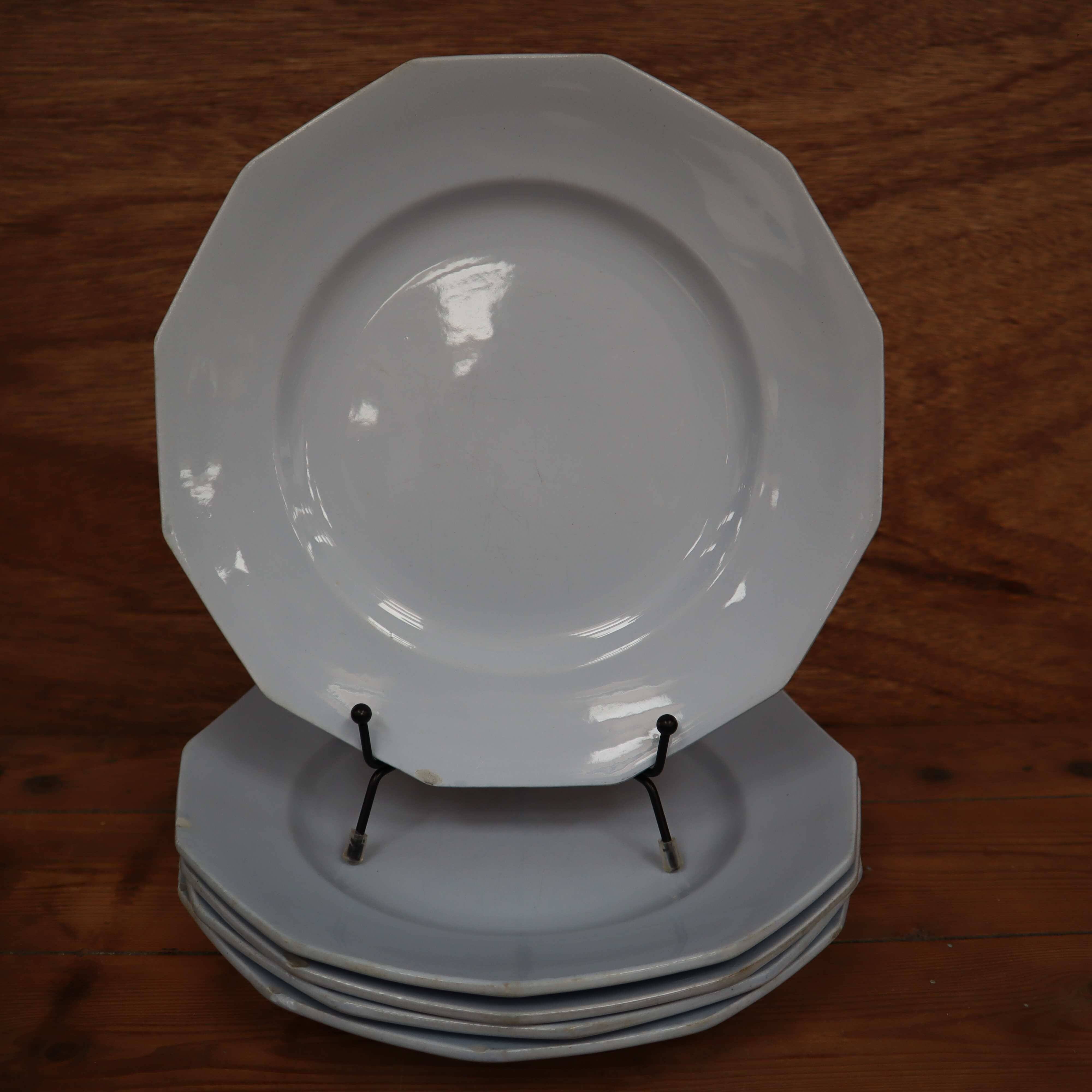 5 flat octagonal earthenware plates Moulin des loups pale blue color