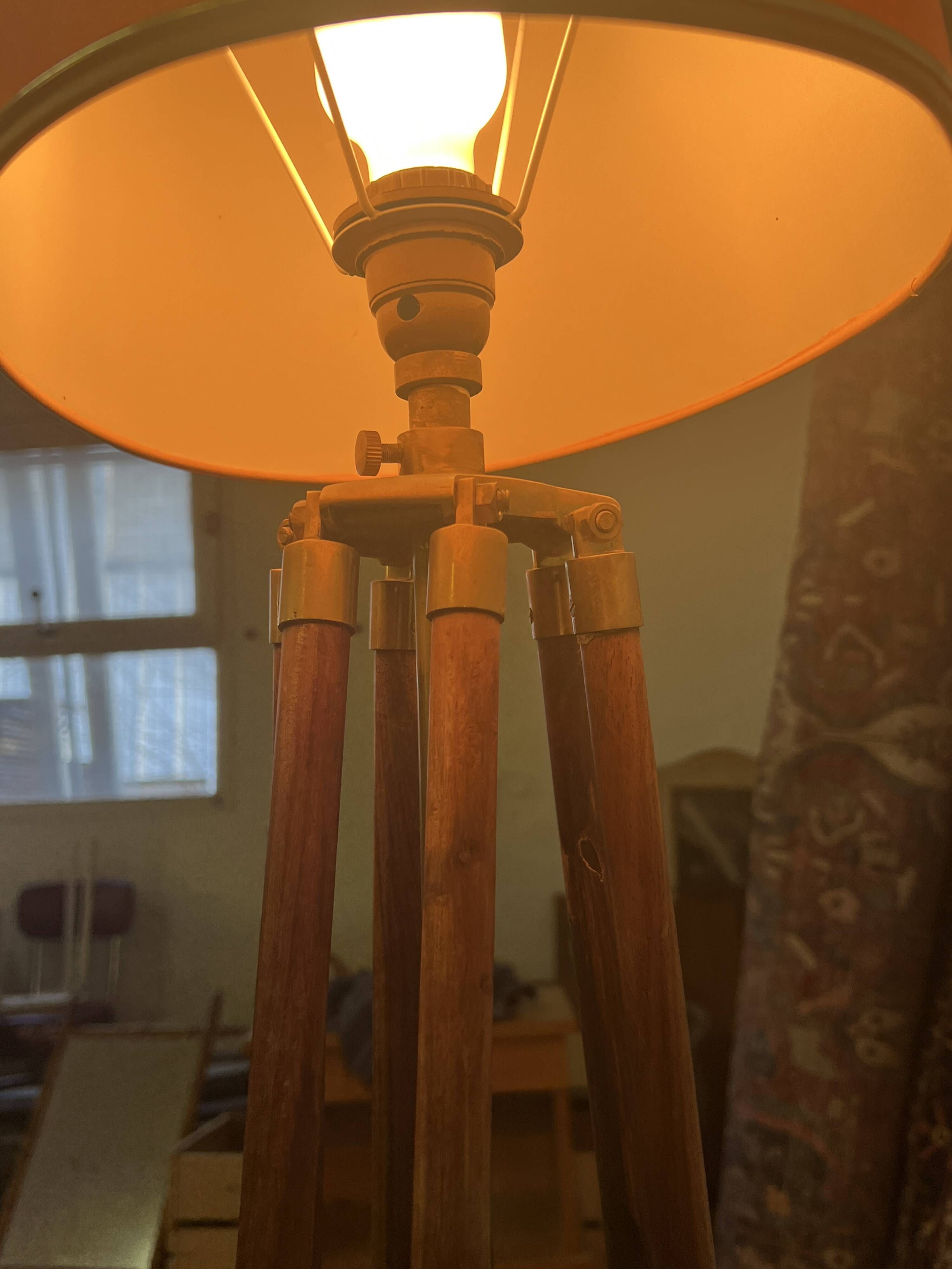 Tripod floor lamp in wood and adjustable brass