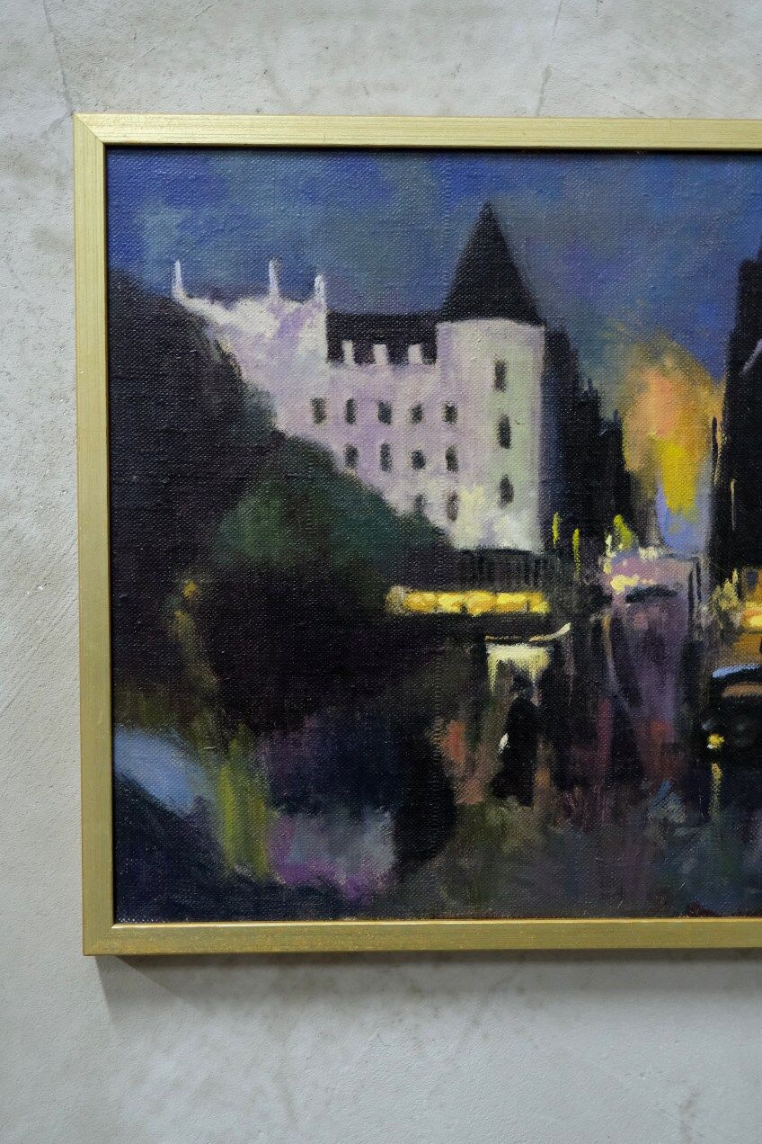 Swedish artist, scandinavian modern city landscape, 1970s, oil on canvas, signed,  framed