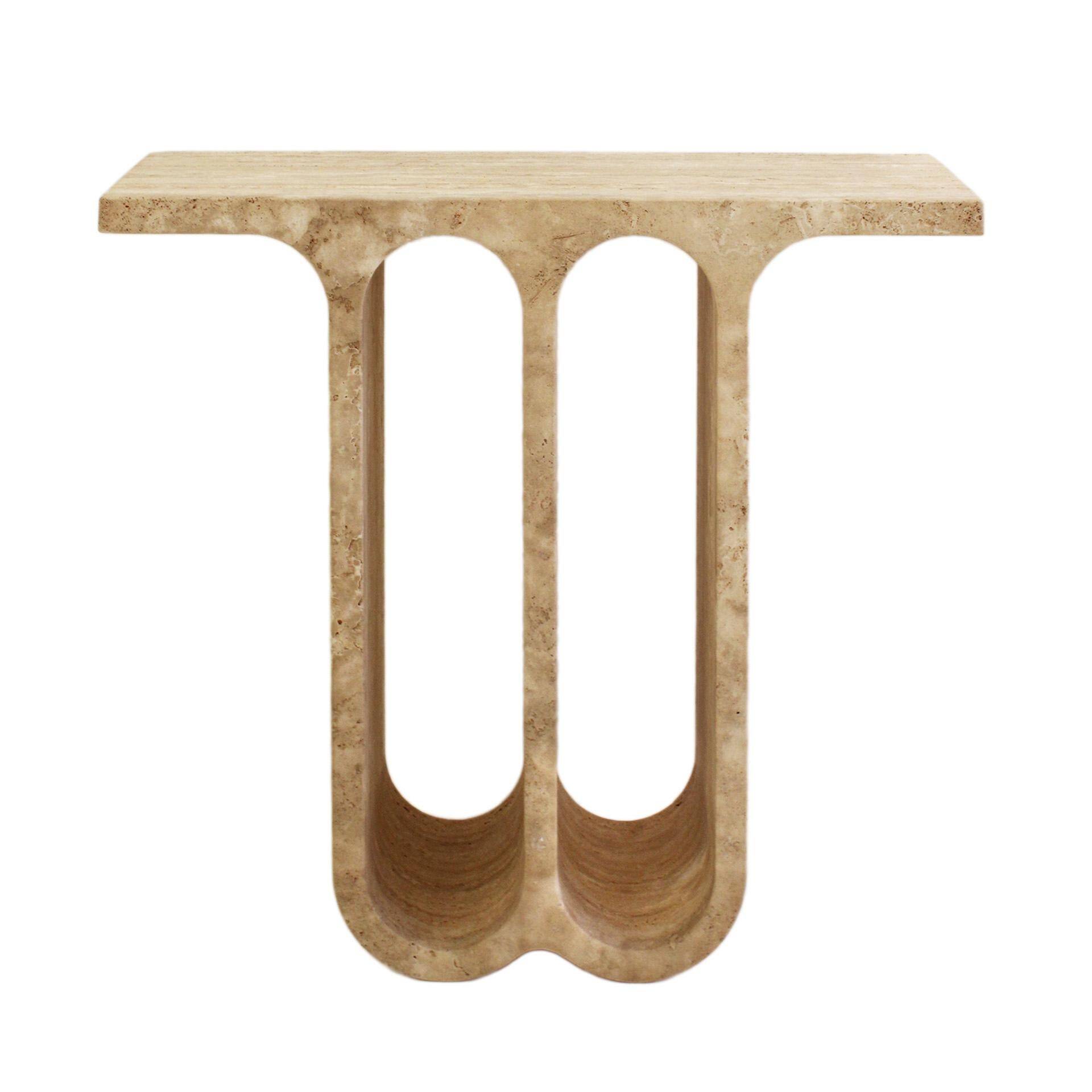 Modern Pair of Italian Ivory Travertine Consoles with Semi-Circular Arches