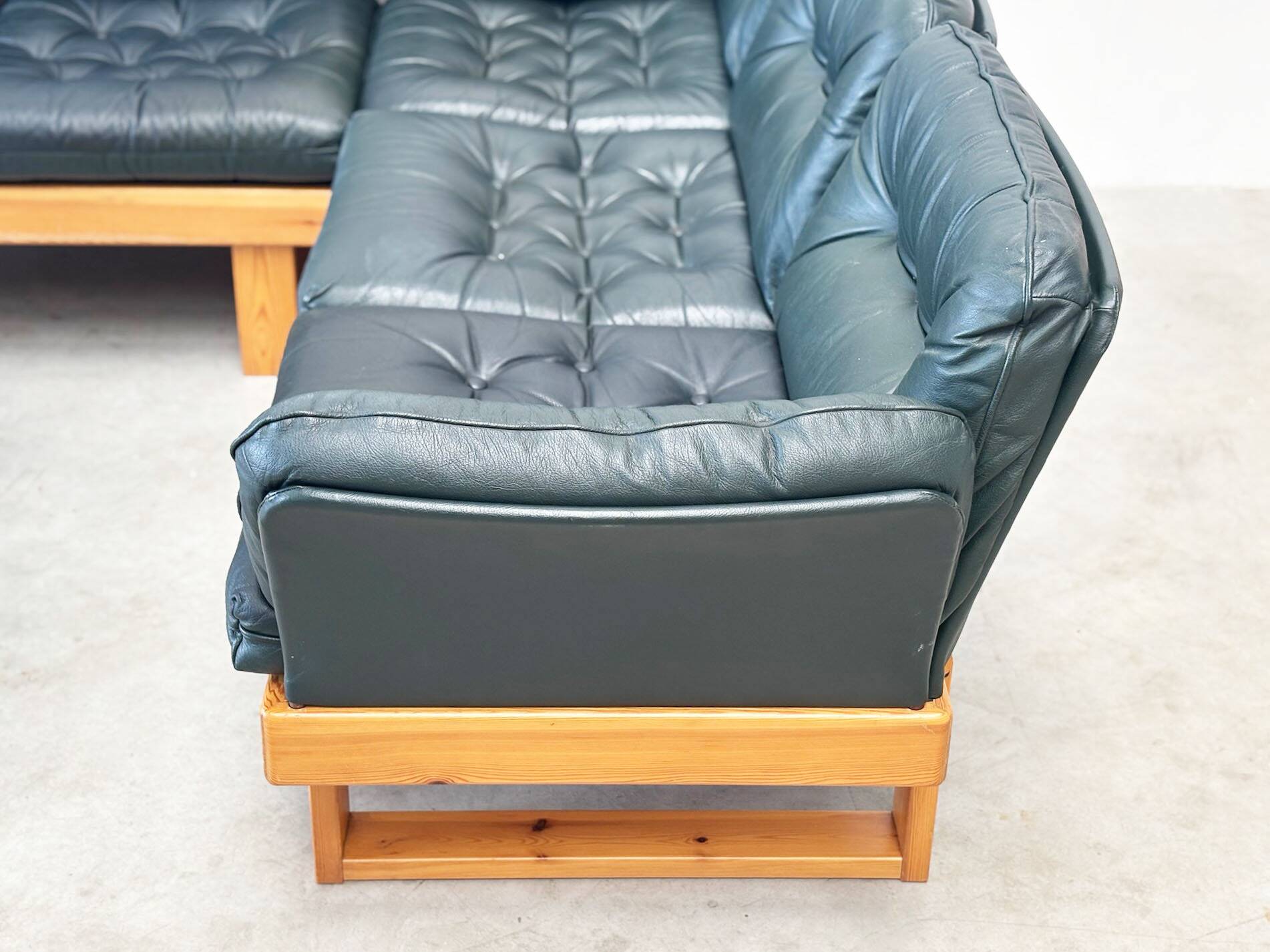 Canapé d'angle modulable en pin et cuir vert, Allemagne années 1970