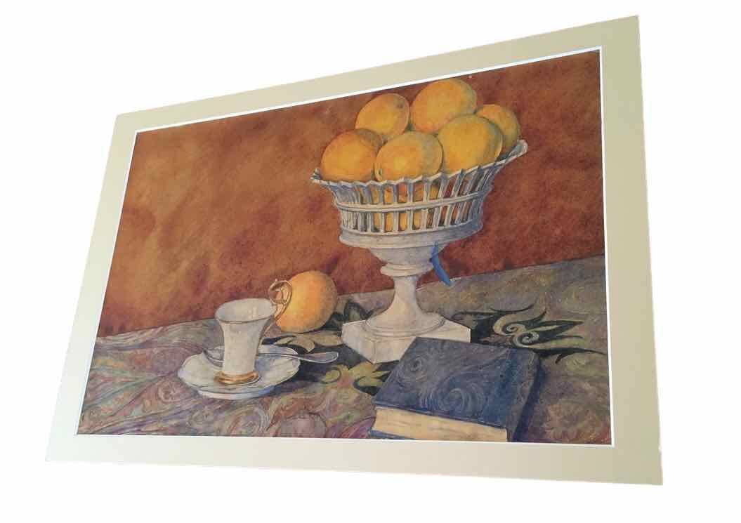 Old watercolor painting with oranges