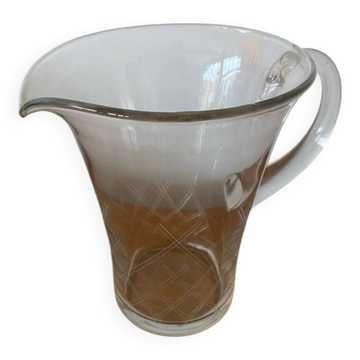 Ancien Pichet Verre Soufflé & Gravé Transparent Service Vintage