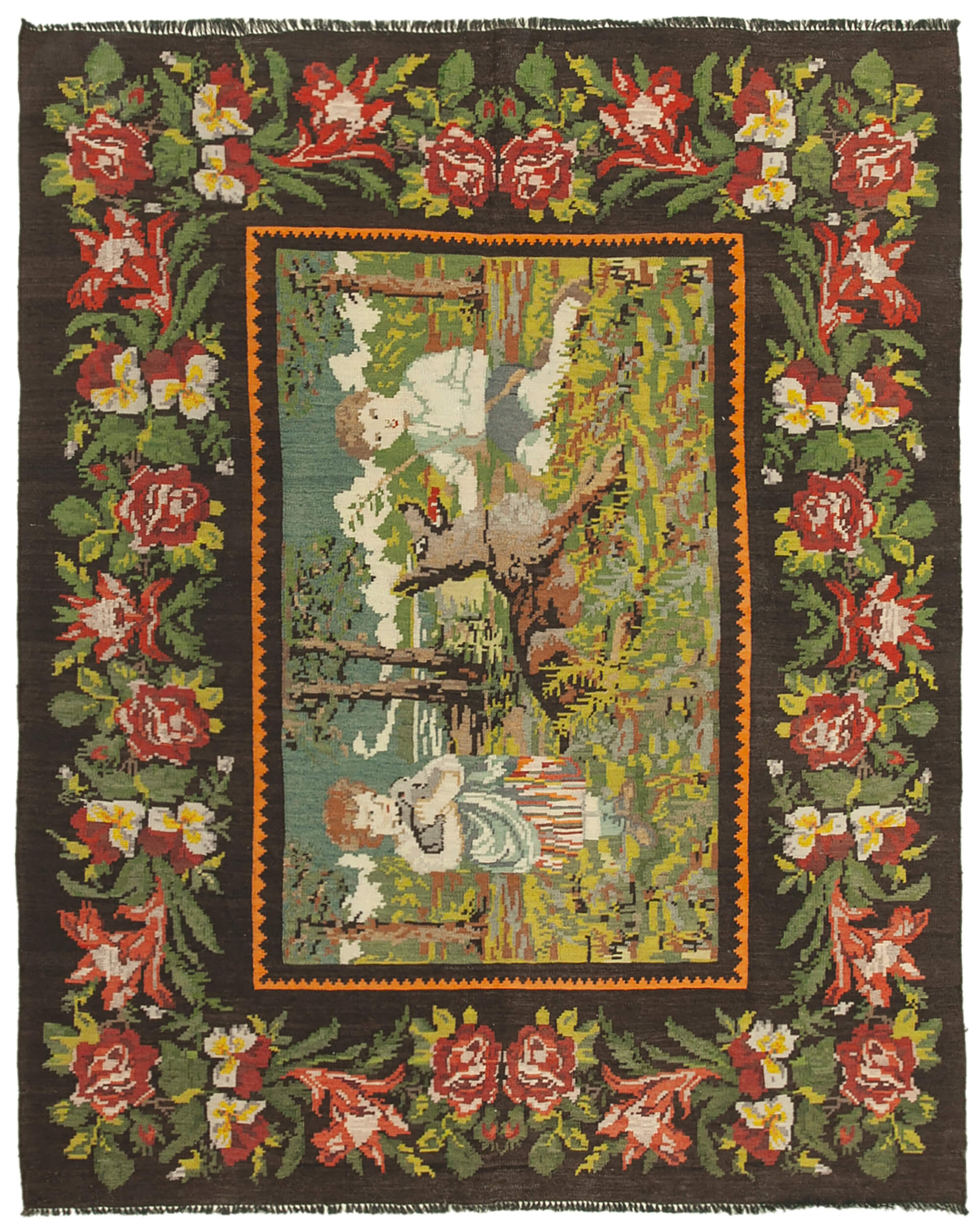 Hand-knotted vintage rose black kilim 192 cm x 240 cm - 23428