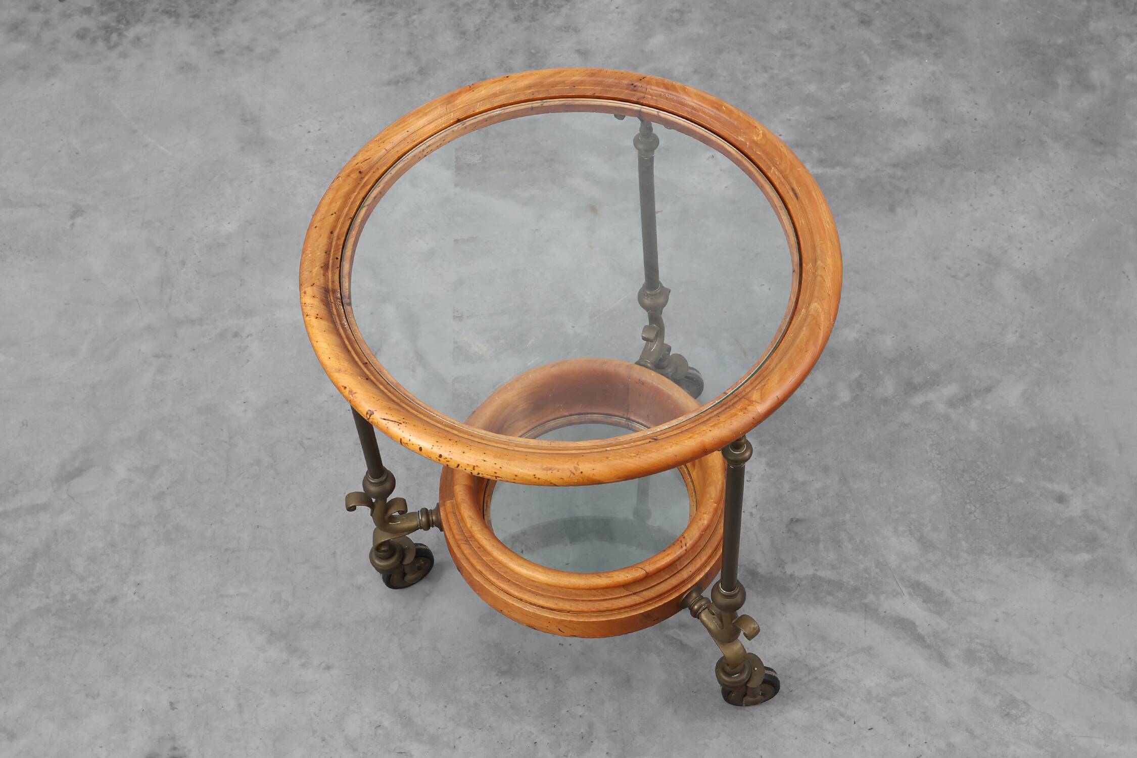 Rustic Copper and Walnut Serving Trolley with Glass Top, France ca. 1900